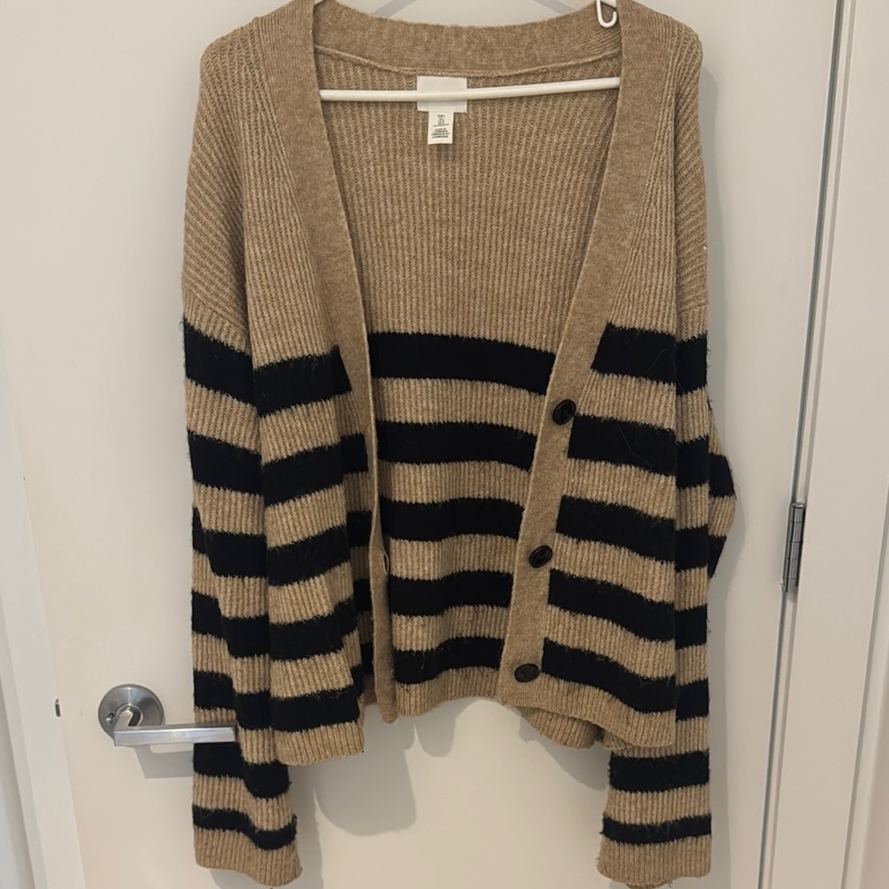 H&M Tan and Black Striped Cardigan Sweater